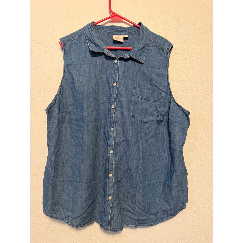 St. Johns Bay Womens 3X Sleeveless Denim Shirt Blue 100% Cotton Chambray Top